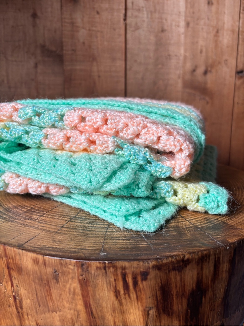 Handmade Crochet Mid Size Baby Blanket - Mint, Peach & Yellow